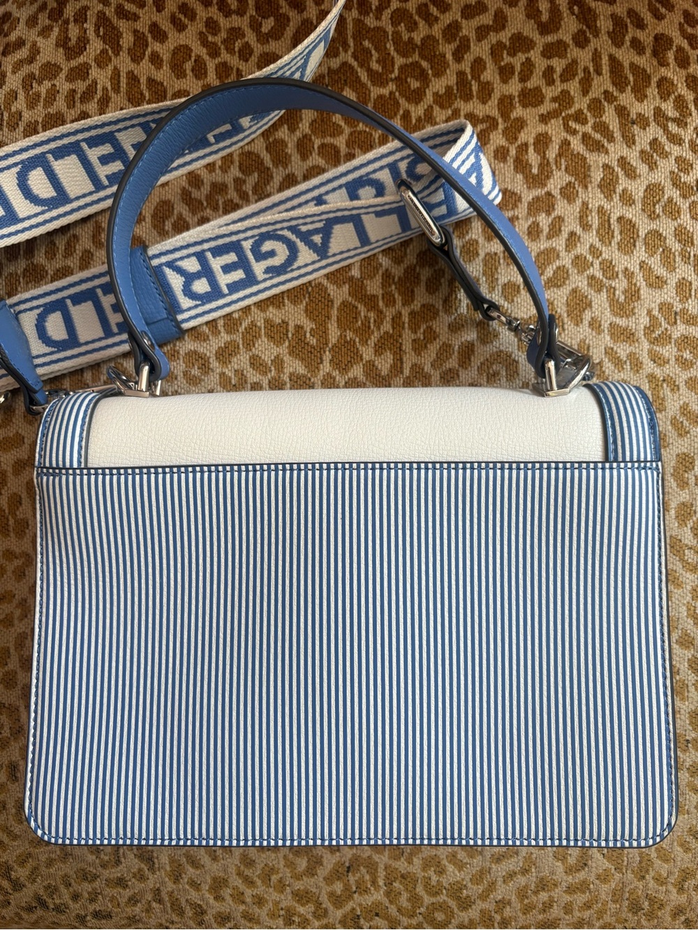 Karl Lagerfeld White and Light Blue Top Handle Shoulder Bag with Stripe Trim - Picture 5 of 11